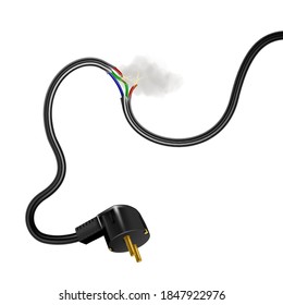 Broken Cable Electricity Current And Smoke Vector. Dangerous Damaged Broken Burning Power Electric Socket Cord. Voltage Tool Accessory With Warning Problem Layout Realistic 3d Illustration