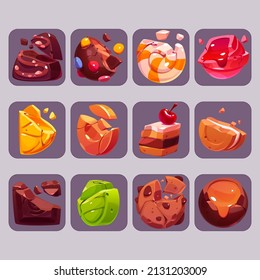 Der Zeichentrickfilm "Broken candy game icons" zerdrückte Süßigkeiten mit Bissen und Krümel. Schokoladentrüffel, Praline, Karamelll, Lollipop, Tüffel, Kuchen, Donut, Sandwich-Kekse und Zitronenscheibe, ui Vektorgrafik-Set