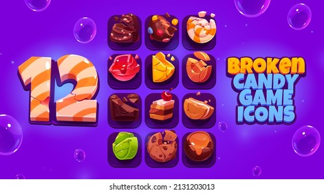Broken candy game icons, cartoon crushed sweets with bites and crumbles. Chocolate truffle, dragee, praline, caramel, lollipop, toffee, cake, sandwich cookie and lemon slice, ui vector elements set