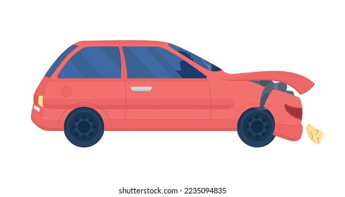 Vehículo roto después de colisión de objeto vector de color semiplano. Accidente automovilístico. Elemento editable. Elemento de tamaño completo sobre blanco. Ilustración simple de estilo de dibujos animados para diseño gráfico web y animación