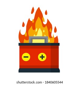 Broken car battery. Cartoon flat illustration. Element of auto. rechargeable electricity accumulator. Damaged fire object