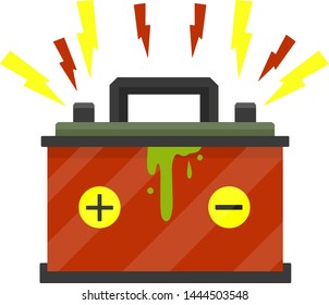 Broken car battery. rechargeable electricity accumulator. Element of auto. Damaged object. Red and yellow lightning and green acid. Leaked electrolyte. Breakdown and accident. Short circuit
