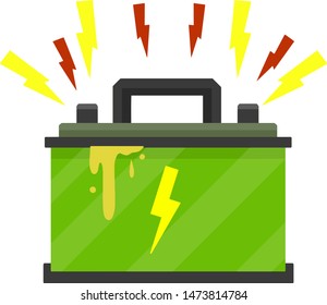 Broken car battery. rechargeable electricity accumulator. Damaged object. Red and yellow lightning and green acid. Leaked electrolyte. Breakdown and accident. Short circuit. Element of auto