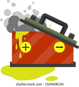 Broken car battery. rechargeable electricity accumulator. Damaged object. Gray smoke and green acid. Leaked electrolyte. Cartoon flat illustration. Breakdown and accident. Red Element of auto
