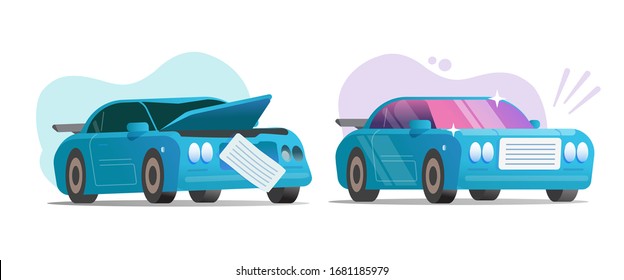 Broken car body after crush collision and new repaired vehicle or concept or repair workshop center banner vector flat cartoon illustration, idea of automobile or auto before accident modern design