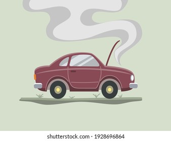 Broken car in cartoon style. A car with an open hood and smoke from it. Vector illustration.