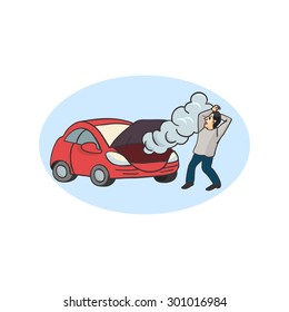 Broken Car Cartoon Vector Illustration. Man Having Car Trouble. Car Breaks Down. Vehicle Recovery Service Concept