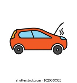 Broken car color icon. Automobile with open hood and smoke. Isolated vector illustration