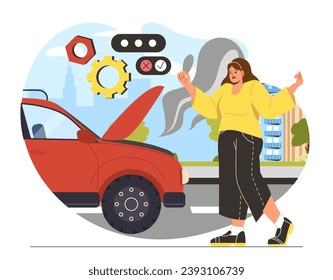 Broken car concept. Young girl with red vehicle stuck at road. Smog from automobile. Accident and emergency situation. Cartoon flat vector illustration isolated on white background