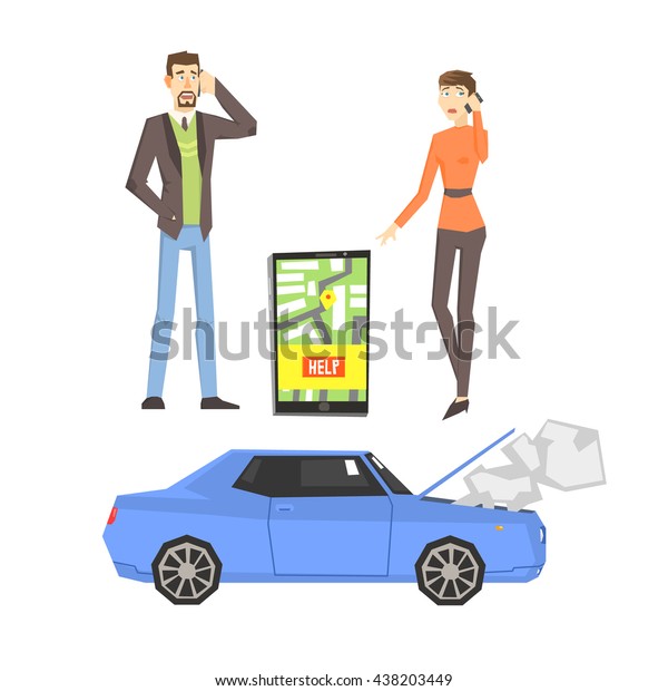 Broken Car, Couple Calling For Help And\
Smartphone App Flat Simplified Colorful Vector Illustration\
Isolated On White\
Background
