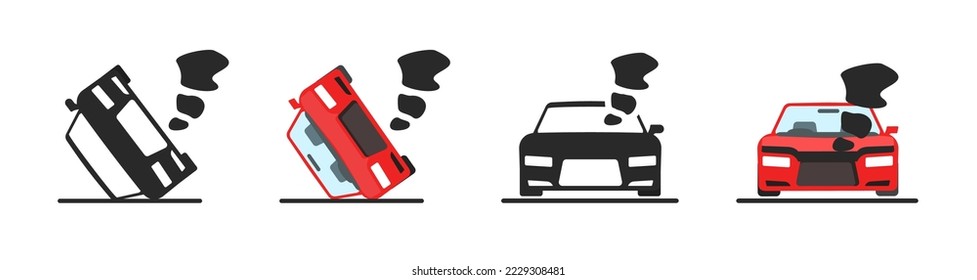 Broken car crash accident icon pictogram vector or auto vehicle breakdown damage collision graphic red balck isolated illustration, break down automobile dump disaster crush smoke minimal simple glyph
