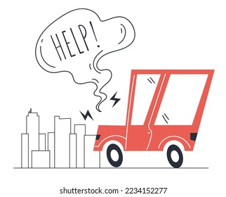 Broken car damage accident crash steam concept. Vector flat graphic design element concept illustration