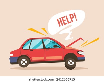 Broken car damage accident crash steam concept. Vector flat graphic design element concept illustration