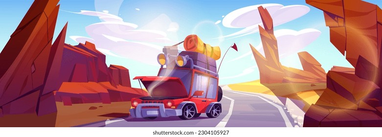 Broken car at desert roadtrip with baggage on roof. Summer adventure tourism accident on highway with steam from breakdown motor. Open hood crash in canyon roadway journey cartoon background.