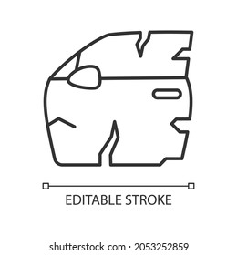 Broken car door linear icon. Road traffic accident. Door panel dents. Damaged auto body side. Thin line customizable illustration. Contour symbol. Vector isolated outline drawing. Editable stroke