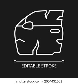 Broken car door white linear icon for dark theme. Road traffic accident. Door panel dents. Thin line customizable illustration. Isolated vector contour symbol for night mode. Editable stroke