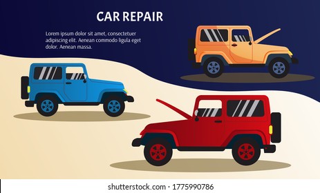 Broken car, Emergency stop, Car repair, Jeep concept. Vector illustration. 