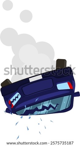 Broken car flipped upside down after a road accident, smoke is coming out from under the hood, the rear window is broken and glass shards are scattered on the ground