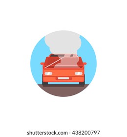 Broken Car With Fuming Engine Flat Simplified Colorful Vector Illustration Isolated On White Background