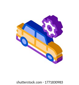 Zerbrochenes Auto-Zahnrad-Symbol Vektorgrafik. Isometrisches gebrochenes Autofahrerzeichen. farbige einzelne Symbolillustration