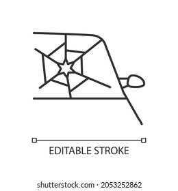 Broken car glass linear icon. Windscreen damage. Shattering windshield in accident. Thin line customizable illustration. Contour symbol. Vector isolated outline drawing. Editable stroke