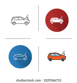 Broken car icon. Flat design, linear and color styles. Automobile with open hood and smoke. Isolated vector illustrations