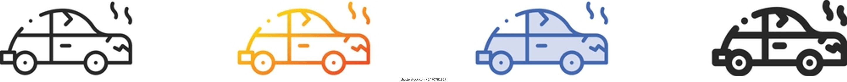 Icono de coche roto. Diseño lineal delgado, degradado, trazo azul y estilo audaz aislado sobre fondo blanco