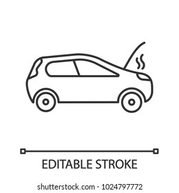 Broken car linear icon. Thin line illustration. Automobile with open hood and smoke. Contour symbol. Vector isolated outline drawing. Editable stroke