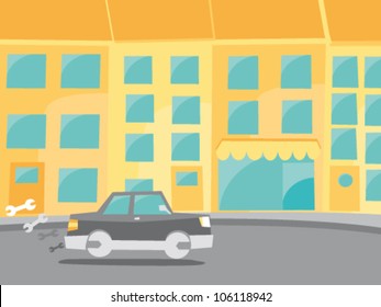 Broken car needing mechanic driving through city on its way to a garage to fix the problem. Wheels and smoke are made out of wrench tool. Vector