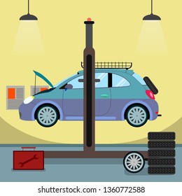 Broken Car on Hydraulic Lift Vector Illustration. Car Service Breakdown, Engine Failure Detection. Auto Workshop, Garage, Repair Station Interior. Vehicle Diagnostics Tools, Equipment