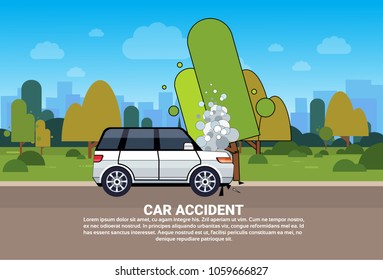 Broken Car On Road Background With Copy Space Vehicle Accident Concept