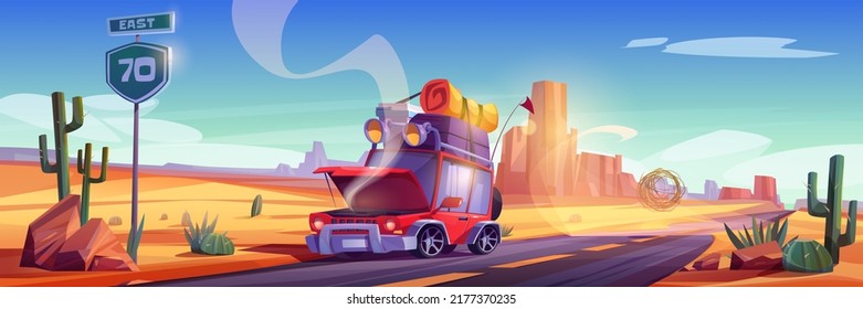 Broken Car On Road In Desert Landscape. Vector Cartoon Illustration Of Accident, Breakdown In Trip. Desert With Red Mountains, Highway And Auto With Luggage On Roof And Smoke From Open Hood