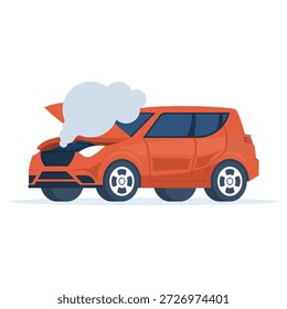Carro quebrado na beira da estrada com capuz aberto e fumaça saindo. Ilustração do conceito de avaria do veículo, problemas do motor e assistência de emergência na estrada.