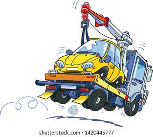 Broken Car on a Towing Truck. Vehicle Mechanical Problem on the Road