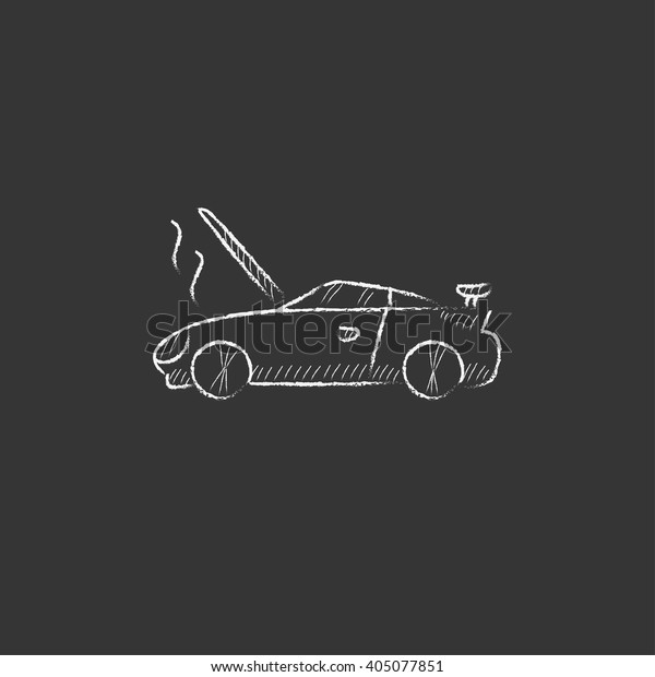 Broken car with\
open hood. Drawn in chalk\
icon.
