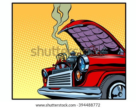 Broken car open hood engine smoke