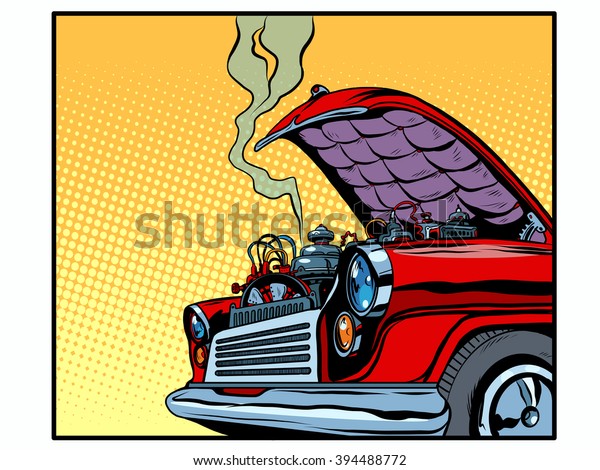 Broken car open hood engine\
smoke