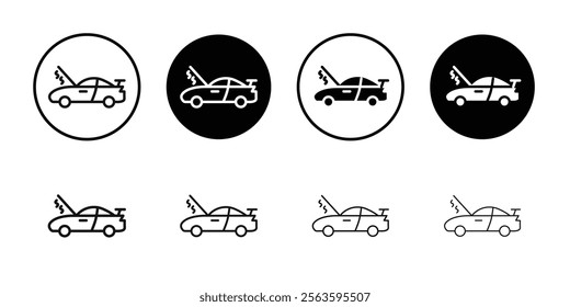 Broken car with open hood icon Flat outline fill set collection