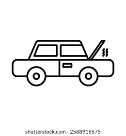 Broken car with open hood icon Outline vector symbol sign