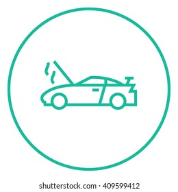 Broken car with open hood line icon.