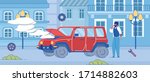 Broken Car with Open Hood on City Street. Worried Man with Mobile Pnone Call Mechanic Service. Driver Stress. White Smoke from Engine. Car Repair Business. Road Accident Vector Illustration