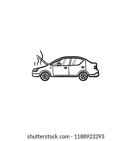 Broken Car With Open Hood And Steam Hand Drawn Outline Doodle Icon. Heat Trouble And Engine, Accident Concept. Vector Sketch Illustration For Print, Web, Mobile And Infographics On White Background.