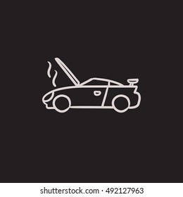 Broken car with open hood vector sketch icon isolated on background. Hand drawn Broken car with open hood icon. Broken car with open hood sketch icon for infographic, website or app.