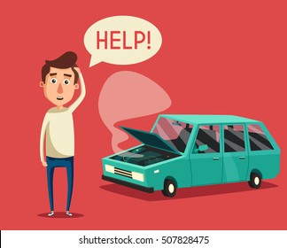 Broken Car With Open Hood. Vector Cartoon Illustration. Unhappy Man Character
