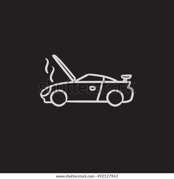 Broken car\
with open hood vector sketch icon isolated on background. Hand\
drawn Broken car with open hood icon. Broken car with open hood\
sketch icon for infographic, website or\
app.