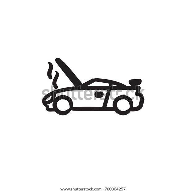 Broken car\
with open hood vector sketch icon isolated on background. Hand\
drawn Broken car with open hood icon. Broken car with open hood\
sketch icon for infographic, website or\
app.