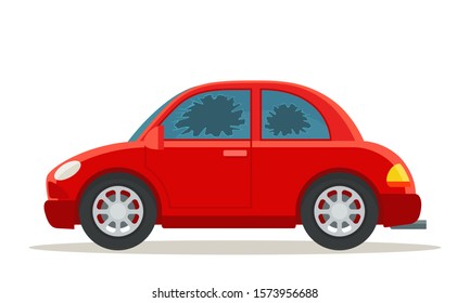 Broken car side windows. Shattered side car glass. Harming, unpleasant surprise for car owner, driver. Theft from auto. Vector illustration, flat design cartoon style. Isolated on white background.