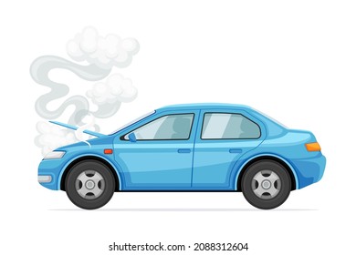 Broken car with smoke coming out from hood. Car insurance case concept vector illustration