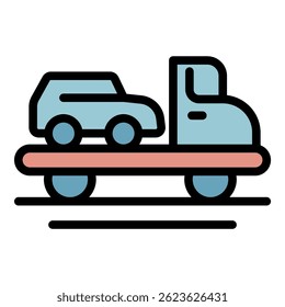 Broken car tow truck icon. Outline broken car tow truck vector icon color flat isolated