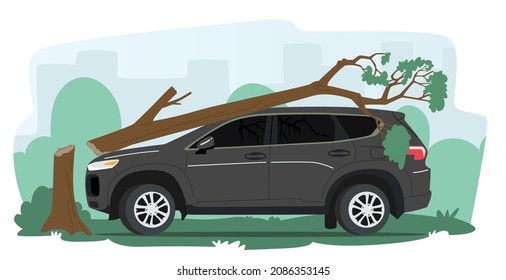 Broken Car with Tree Fall on Automobile Roof and Windshield. Nature Disaster, Accident in City or Suburban Area, Accidental Damage, Dangerous Situation, Insurance Case. Cartoon Vector Illustration